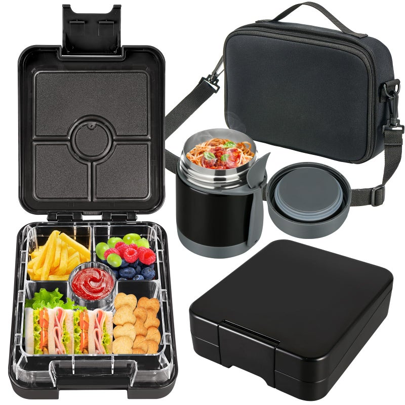 Howeemo Bento Lunch Box Set for Kids with 10oz Soup Thermo  Leak-Proof Lunch Containers with 4 Compartment  Kids Thermo Hot Food Jar and Insulated Lunch Bag for Kid to School BPA-Free(Black) - Image 1